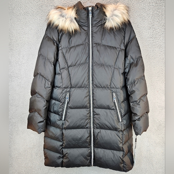 **SOLD***Calvin klein Womens Black Full Zip Coat Sz M Detachable Hood Faux Fur - Picture 3 of 15